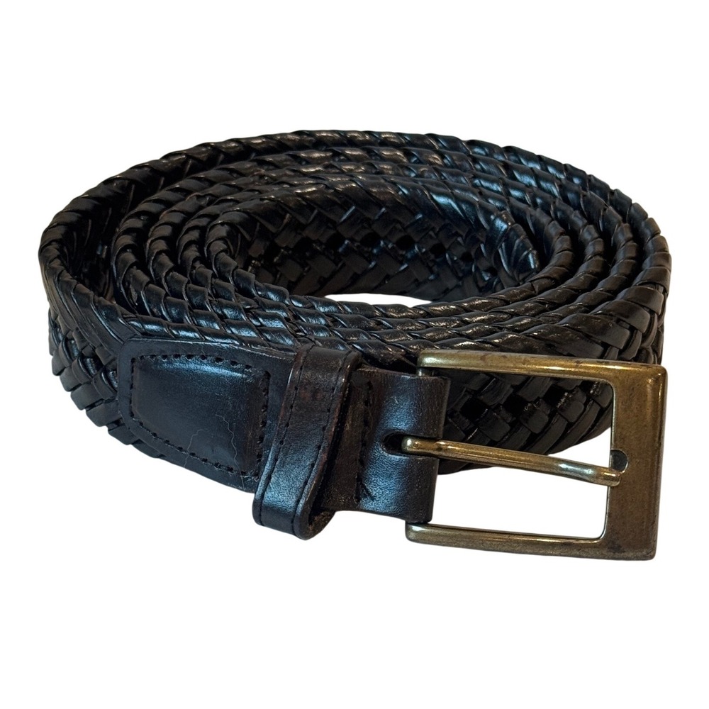 Woven Braided Belt Mens 56 Black genuine Leather Antique Brass Buckle 61 Inch